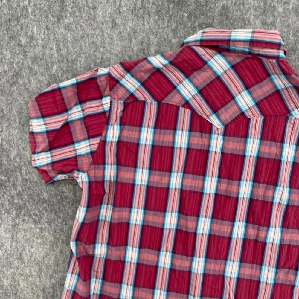 Lucky Brand Shirt Mens Large Red Plaid Short Sleeve Western Pearl Snap Cowboy